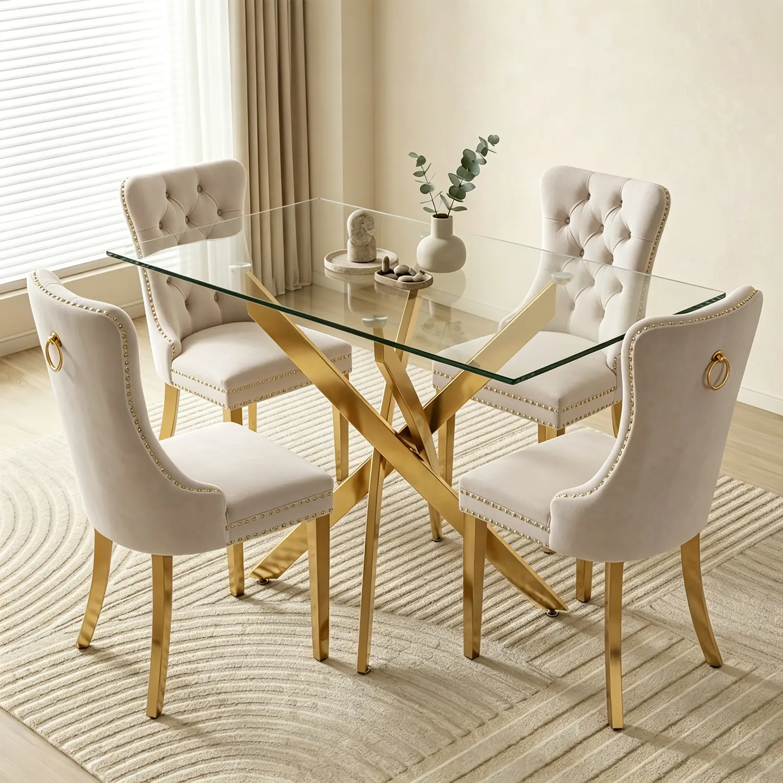 4-Person Dining Table Set (Furniture) - 47.24 in Modern Rectangular Tempered Glass Dining Table with Gold Metal Base,Seats 2-4 People,Velvet Upholstered Chairs with Stainless Steel Legs,Suitable for Dining Room, Kitchen,dorm essentials,home decor