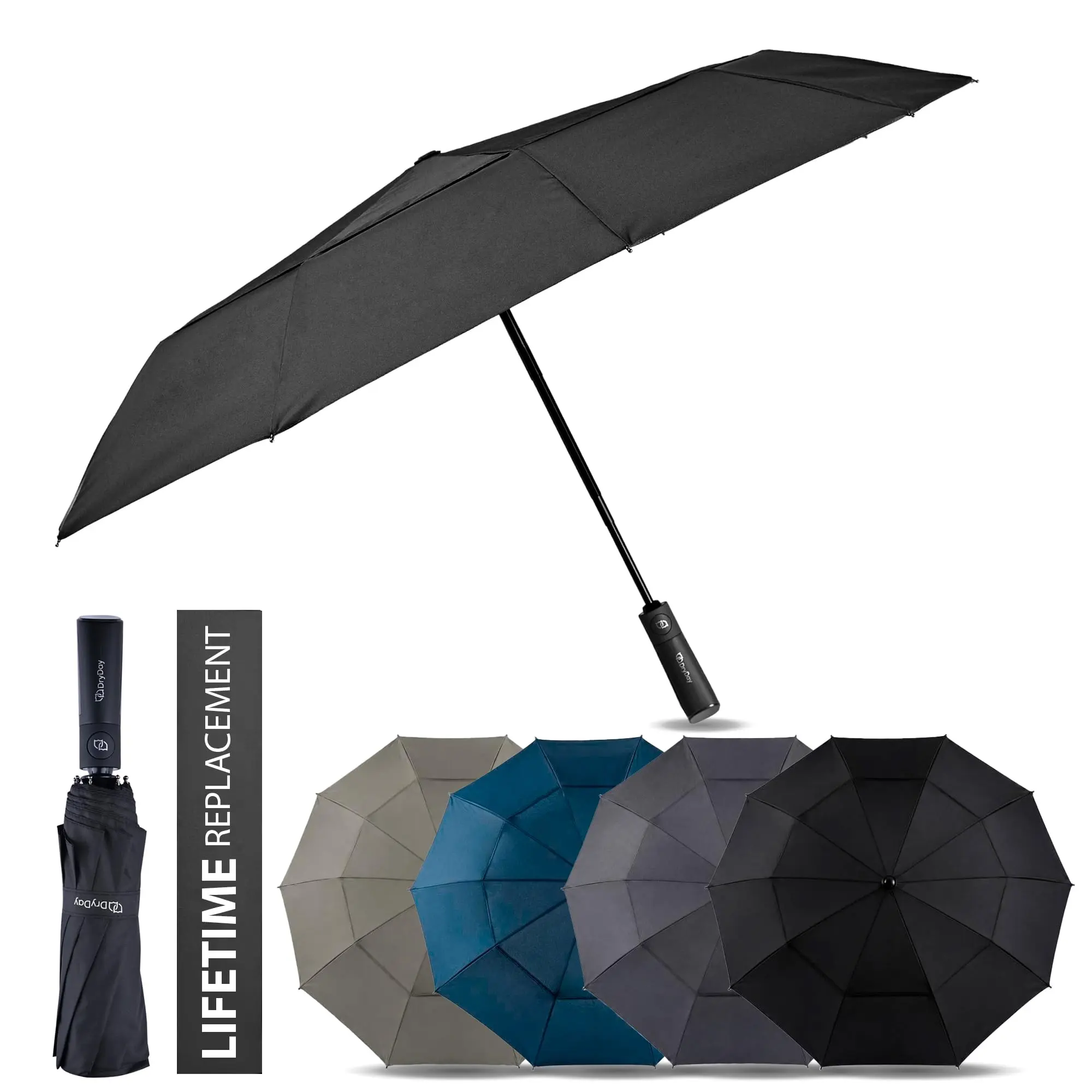 DryDay Premium Windproof Travel Umbrella, Double Canopy, 10 Alum Ribs