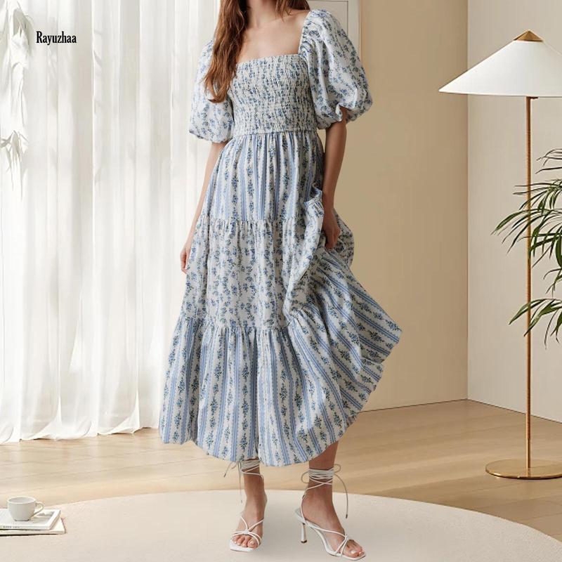 Women Long Dress Floral Print Square Neck Short Sleeve Dress Summer Fashion Casual Dress Check Light Polyester Womenswear