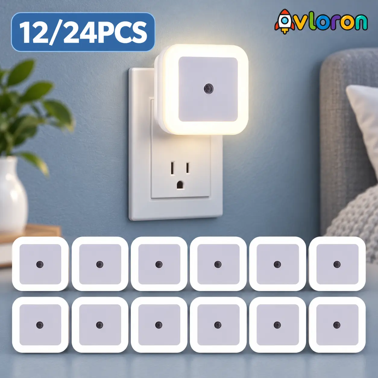 12-Pack Plug-In LED Night Lights with Dusk-to-Dawn Light Sensor – Energy-Saving Smart Nightlights for Bedroom, Bathroom, Kitchen, Hallway & Stairs