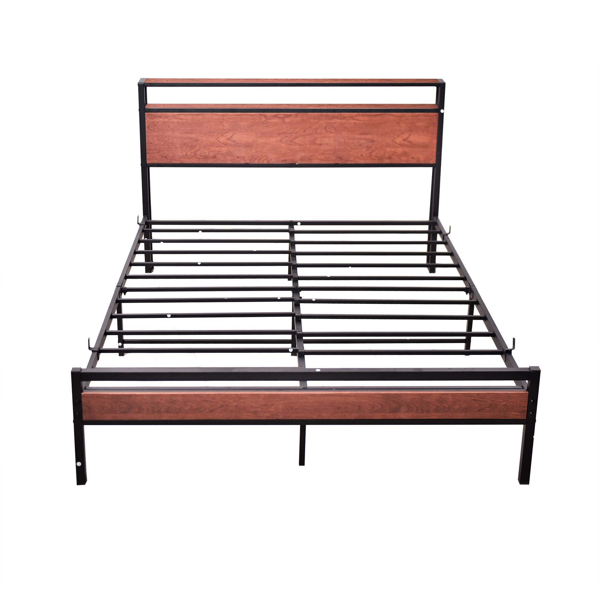 Different Size Metal Platform Bed Frame with Wooden Headboard and Footboard. Features robust metal slat support, no box spring required, delivering exceptional stability and a streamlined, modern aesthetic for your bedroom.