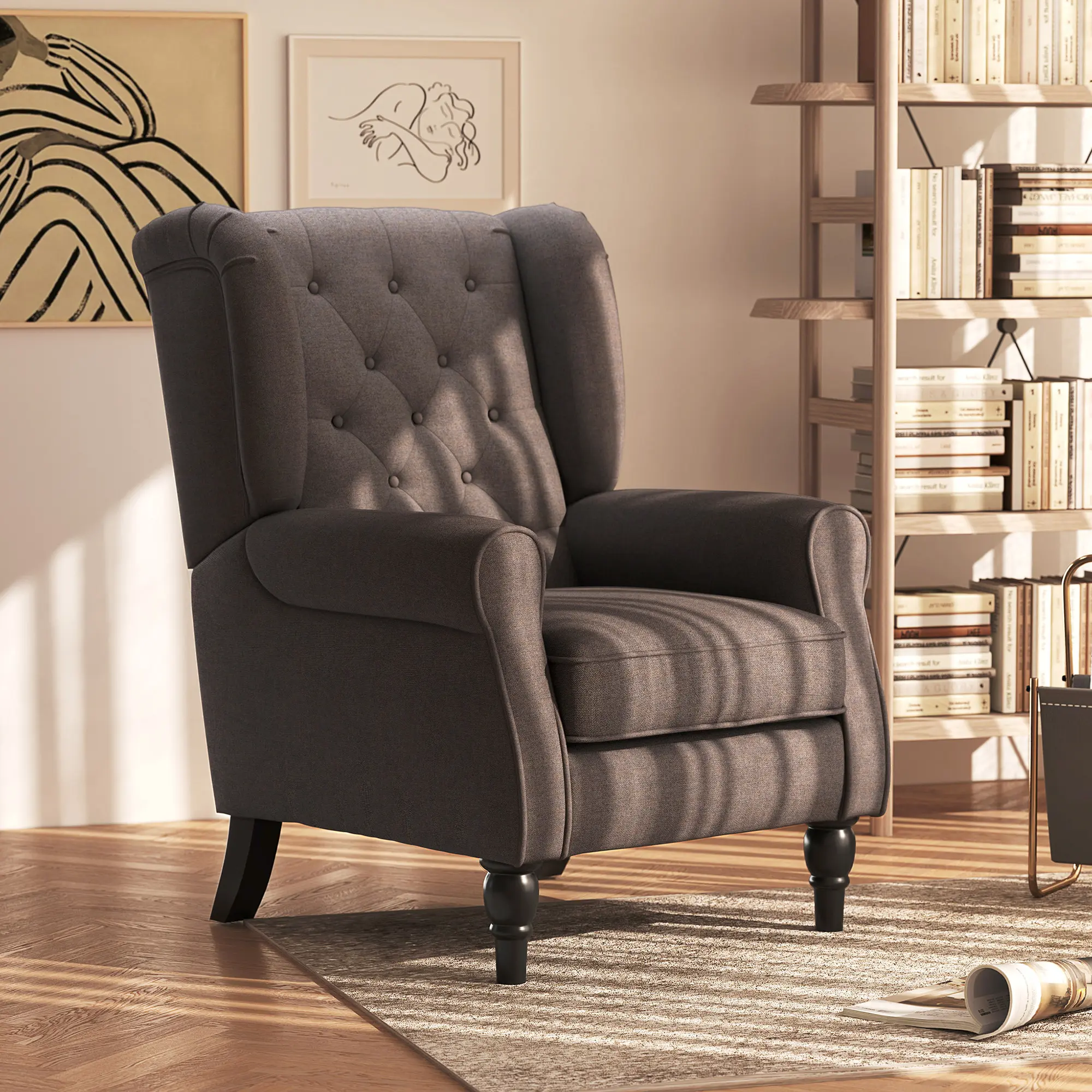 Wingback Accent Chair for Living Room, Button-Tufted Lounge Chair with Round Armrests and Wood Legs, Dark Brown