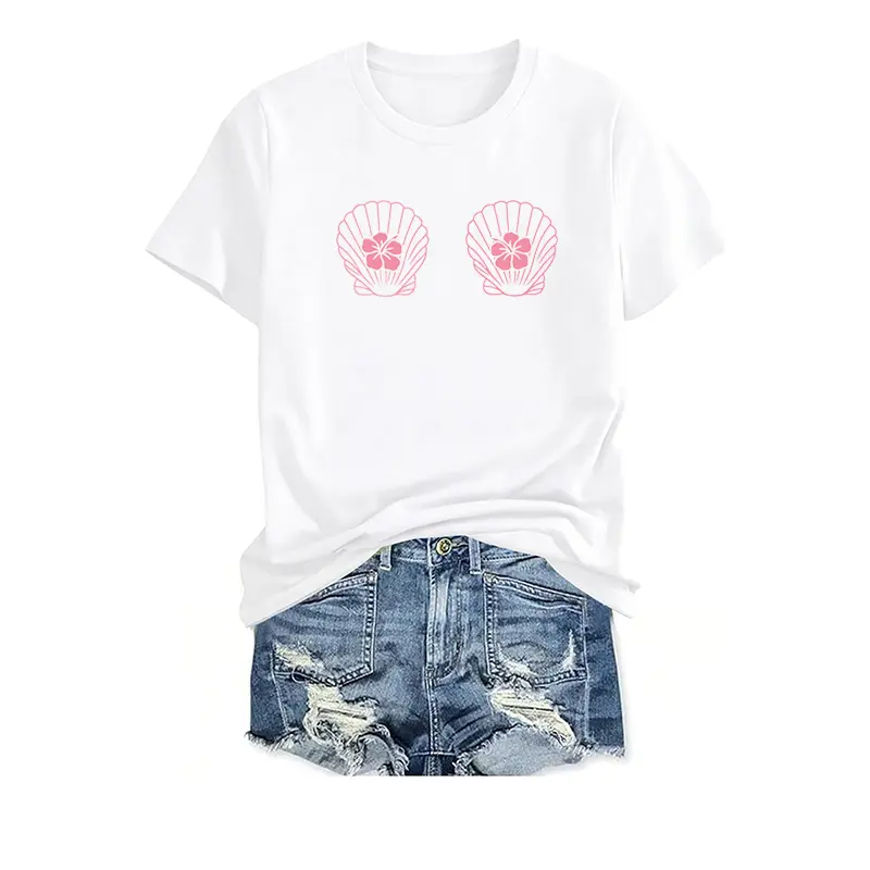 MARSVOVO Hawaiian T-Shirt For Women Mermaid Seashell Bra T-Shirt Top Oversized Hibiscus Flower Beach Shirt Tee White Crew Neck Short Sleeve T-Shirt Hawaii Ocean Aesthetic Basic Tees For Women