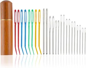24 count Large Eye Sewing  Kit, Stainless Steel Blunt Darning  & Bent Tapestry  &  Hand Knitting  with Wooden Case, for Crochet/Darning/Yarn/Embroidery Projects