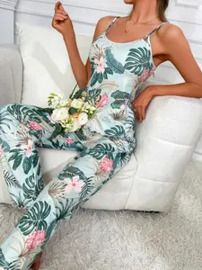 Women's Summer Floral Print Vest and Long Pants Sleepwear Set, Loungewear, Casual Holiday Wear, Comfortable Pajamas, 2pcs