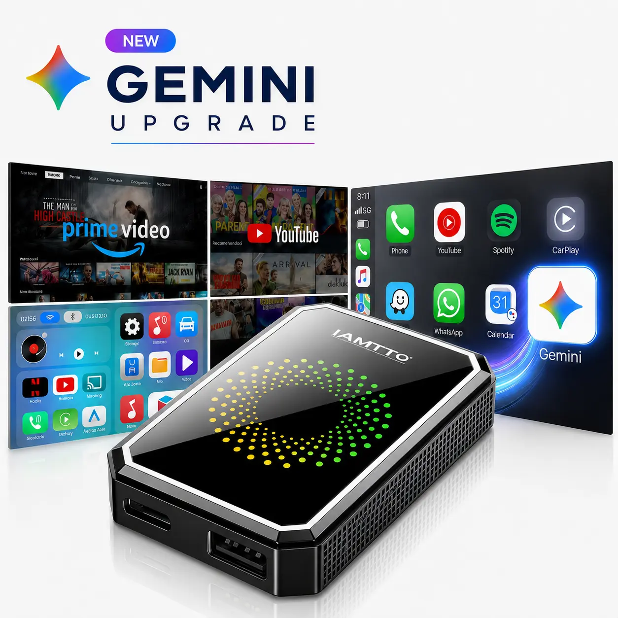 【Check Compatibility】LAMTTO 2026 Wired to Wireless CarPlay & Android Auto Adapter with Built-in Netflix, YouTube, TikTok & Gemini AI via Phone Hotspot | for Factory Wired CarPlay/AA Touchscreen Cars | Not for Tesla, BMW or Wireless CarPlay/AA