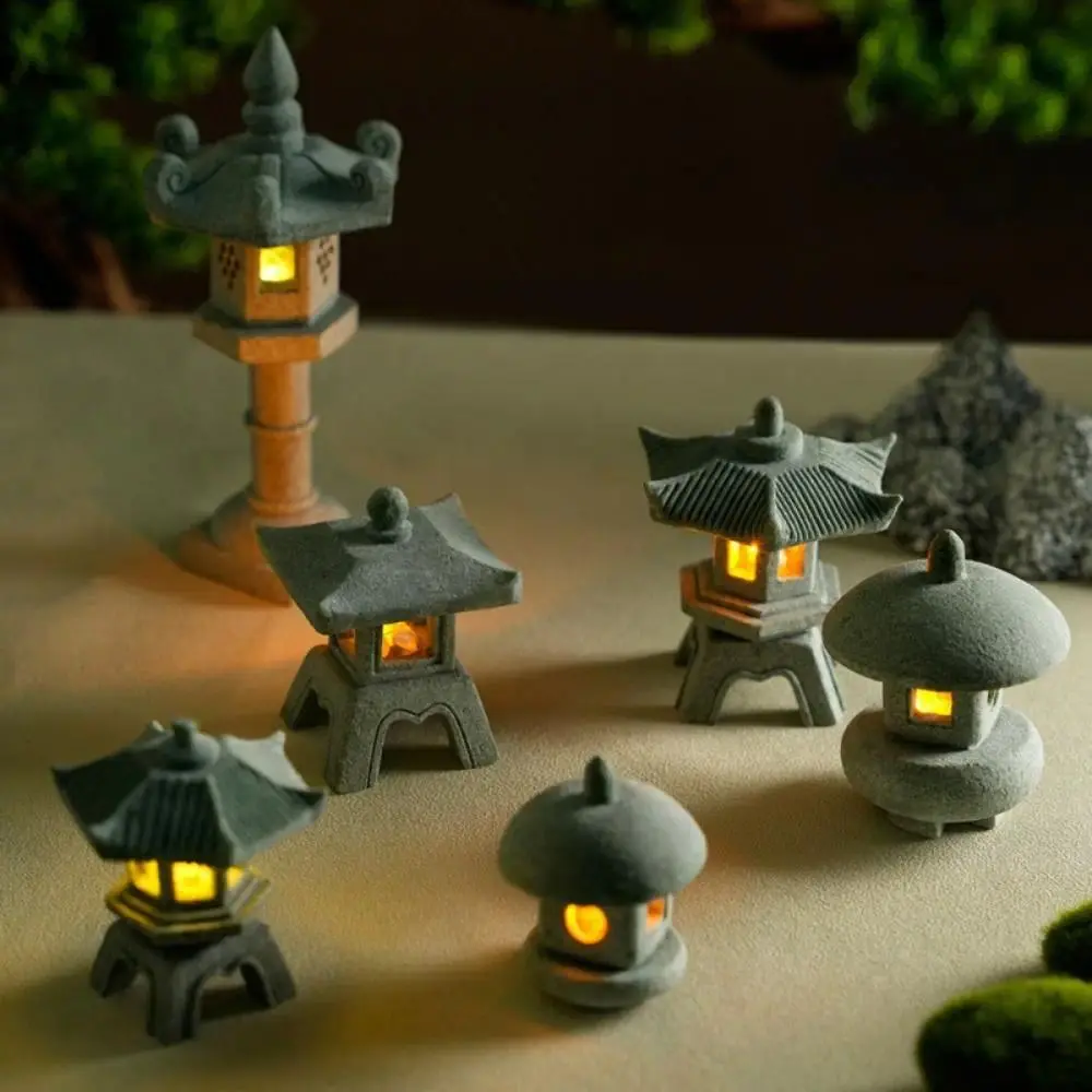 New Mini Pagoda Lantern Light Garden Statue Decorative Sand Stone Micro Landscape Lamp Zen Yard Miniature Bonsai