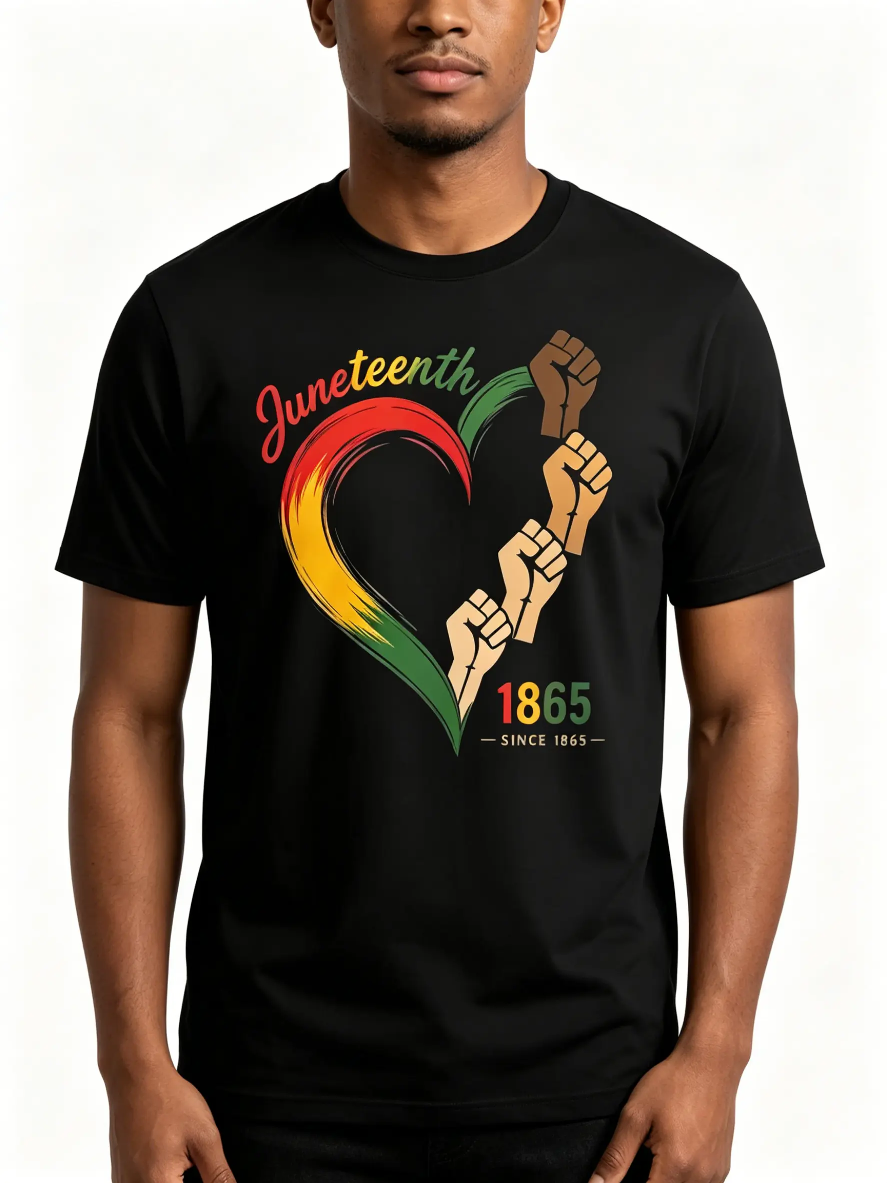 Women's Oversized Black Cotton-Linen Blend Short-Sleeve Round Neck T-Shirt - 1865 Juneteenth Multi-Skin-Tone Fist Heart Print, Red-Yellow-Green Pan-African Flag, Soft, Freedom Equality Cultural Pride, Cargo-Inspired Loose Fit Breathable Unisex Casual Top,