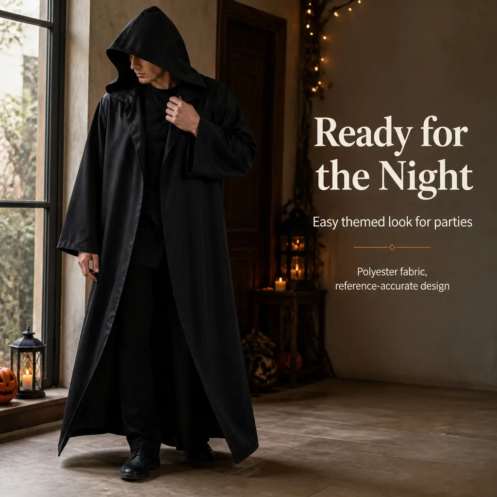 Men's Classic Black Hooded Long Polyester Menswear Robe - Medieval Wizard Cosplay Costume, Halloween Party Mysterious Full-Length Cloak
