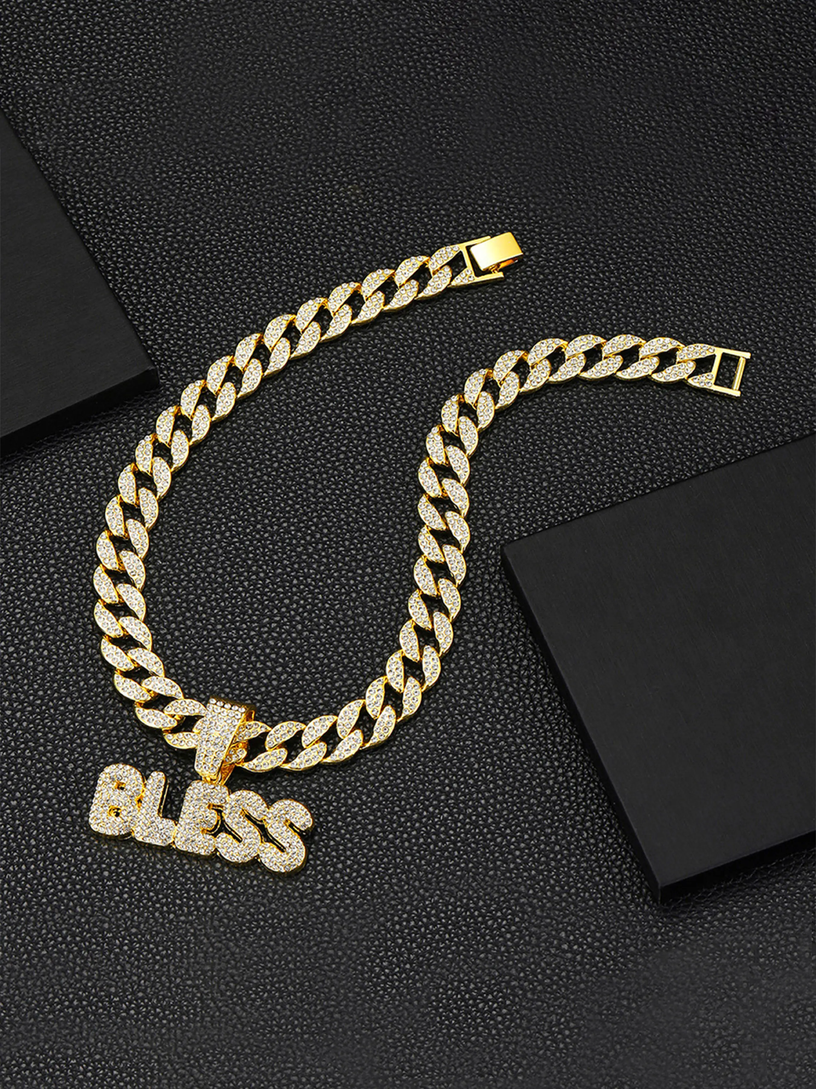 Elegant Zirconia Letter Bless Pendant Necklace, Cuban Link Chain, Exquisite Chain Jewelry, Unisex Hip-Hop Jewelry, High-End Shiny Accessory, Perfect Gift for Daily & Special Occasions