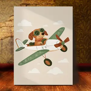 1-piece framed canvas wall art - Cute Jack Russell Terrier puppy riding a biplane, green aviation-themed nursery decor, canvas painting for children's room, baby shower gift, ready-to-hang dog picture, suitable for bedroom, 2D flat
