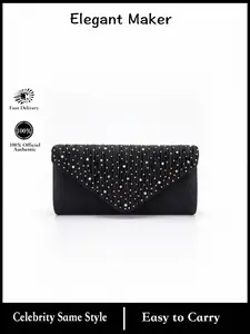 Satin Ruched Rhinestone Formal Envelope Purse, Convertible Chain Crossbody Shoulder Bag, Wedding & Cocktail Bag, Women's Party Clutch