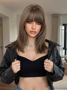 16 Inch Straight Bangs Wig, Medium Length Natural Daily Style, Heat Resistant Fiber Hairpiece for Women, Synthetic Fiber Wigs, Elegant Goddess Look With Bangs, Hair Straight Wigs