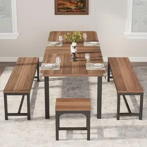 5 Piece Extendable Dining Table for 4-8, 47.3"-63" Long Rectangular Wood Kitchen Table with Sturdy Metal Frame, Industrial Dining Room Tables with 2 Benches and 2 Stools for Kitchen, Living Room,Walnut