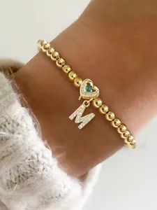 Women's Zircon Heart Initial Letter Bracelet, Classic Beaded Chain, Casual Style Jewelry for All Seasons, Heart Charm Bracelet