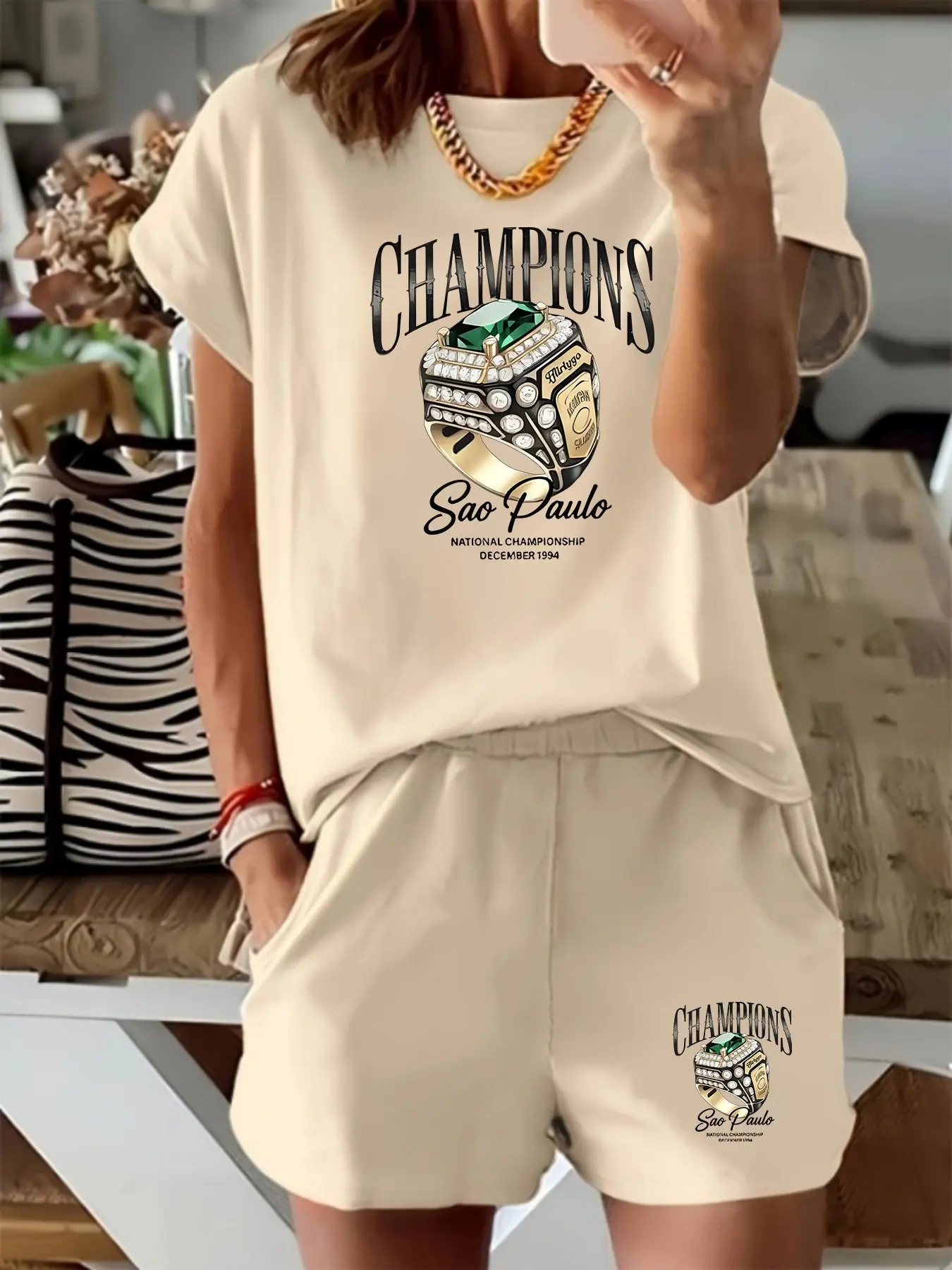 Women's Round Neck Short Sleeve T-Shirt Shorts Set, Spring Summer New Pattern Print, American Retro Champion Badge Letter Style