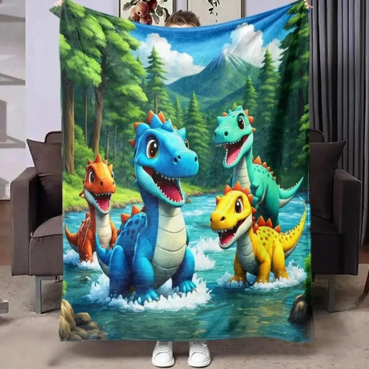 Modern Dinosaur Print Flannel Throw Blanket - Soft Comfy, Lightweight Bedding Textile for Home & Travel, Cozy Warm for Cool Rooms, Dinosaur Print Blanket, Lightweight Throw Blanket
