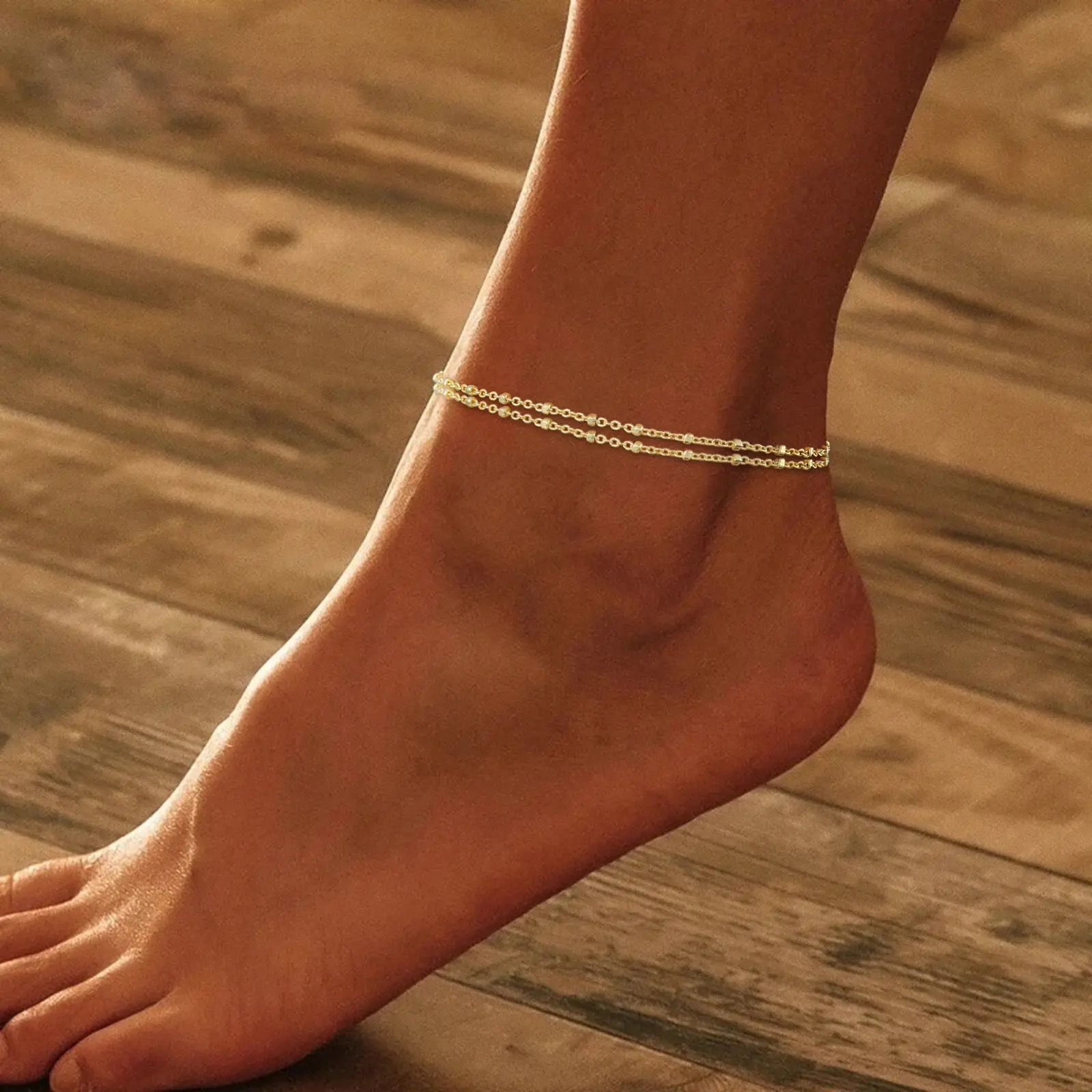 ASCOMY Layered Gold Anklet for Women, 14K Gold Plated Dainty Double Layer Ankle Bracelet, Hypoallergenic No Tarnish Waterproof Summer Beach Jewelry for Daily Commute & Vacation Minimalist Adjustable Length