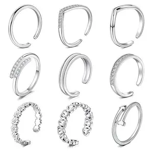 9PCs Silver Toe Ring Stainless Steel Adjustable Bend Open Toe Ring, Flower Arrow Leaf Plain Thin CZ Toe Finger Tail Ring Summer Beach Foot Jewelry Set for Women Men