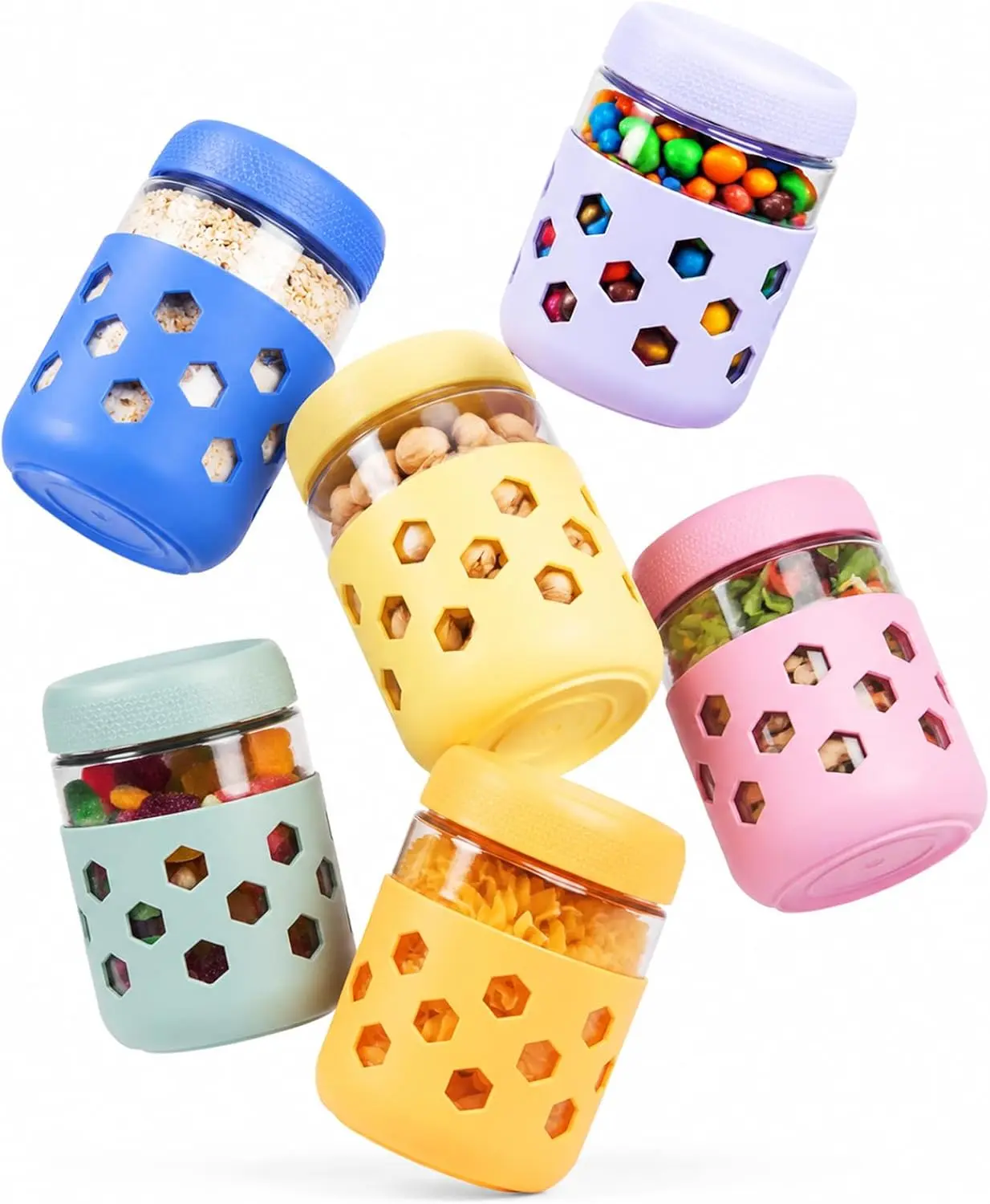 6-Pack 16 oz Overnight Oats Containers with Lids and Silicone Sleeves, Glass Mason Jars with Airtight Lid, Dishwasher Safe, Wide Mouth Chia Seed Pudding Meal Prep Jar for Yogurt Berries Snack