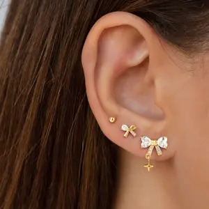 Tewiky Greenish Spring Jewelry 3 Pair Earring Set Small Bow Stud Earrings for Women Cubic Zirconia Bowknot Hypoallergenic Cute Tiny Mini Cartilage Dainty Anniversary Birthday Jewelry Gifts,Valentine's Day Gift