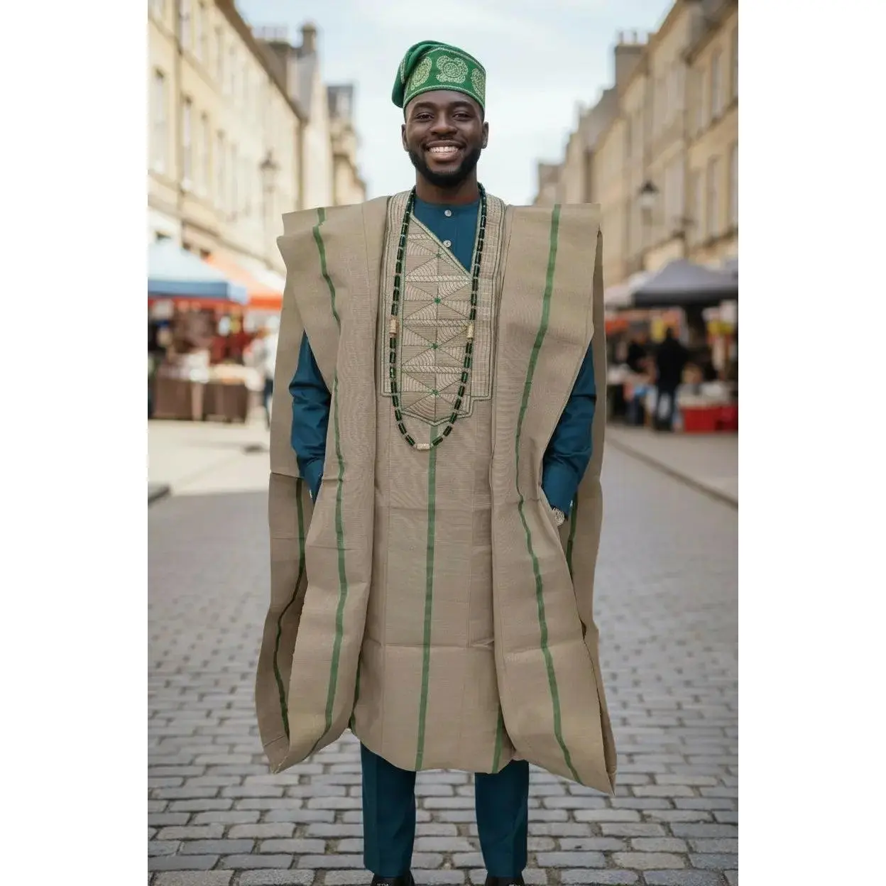 Hand Woven Green & Tan African Agbada Robe DPAAGT37 | Dupsie’s African Fashion | African Fashion | Dupsie's