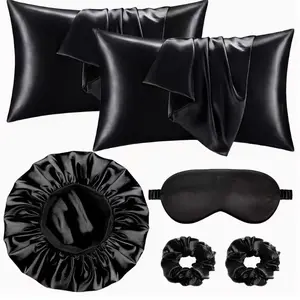 Silk Hair Care Set, 6-Piece Kit (pillowcase + Sleep Cap + Eye Mask + Headband), Anti-Tangle, No Heat Styling, Wide Brim Sleep Cap, Women's Bath Hat