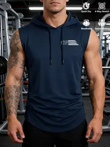 USA Flag Line Print Graphic Men's Fitted Hooded Sleeveless Vest, Activewear Athletic Patriotic Versatile, Father's Day Gift, Commute/Outdoor
