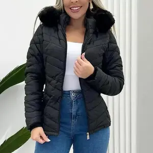 Women's Zip Up Pocket Design Shirred Waist Jacket Fuzzy Trim Fleece Lined Hooded Puffer Coat Can be used with raincoat