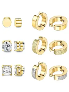 6 Pairs Golden Elegant 316L Stainless Steel Earrings Hypoallergenic Clip on Non-Piercing Earrings Set for Women Men Shining CZ Magnetic Stud Earrings Hoop Earrings Earring Stacking Set