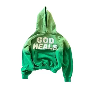 God Heals Print Hoodie Green Long Sleeve Hip Hop Zip Up Jacket for Men Casual Loose Fit Street Style Pullover Tops Menswear Streetwear Stylish Sweatshirts Orange Can be used with raincoat