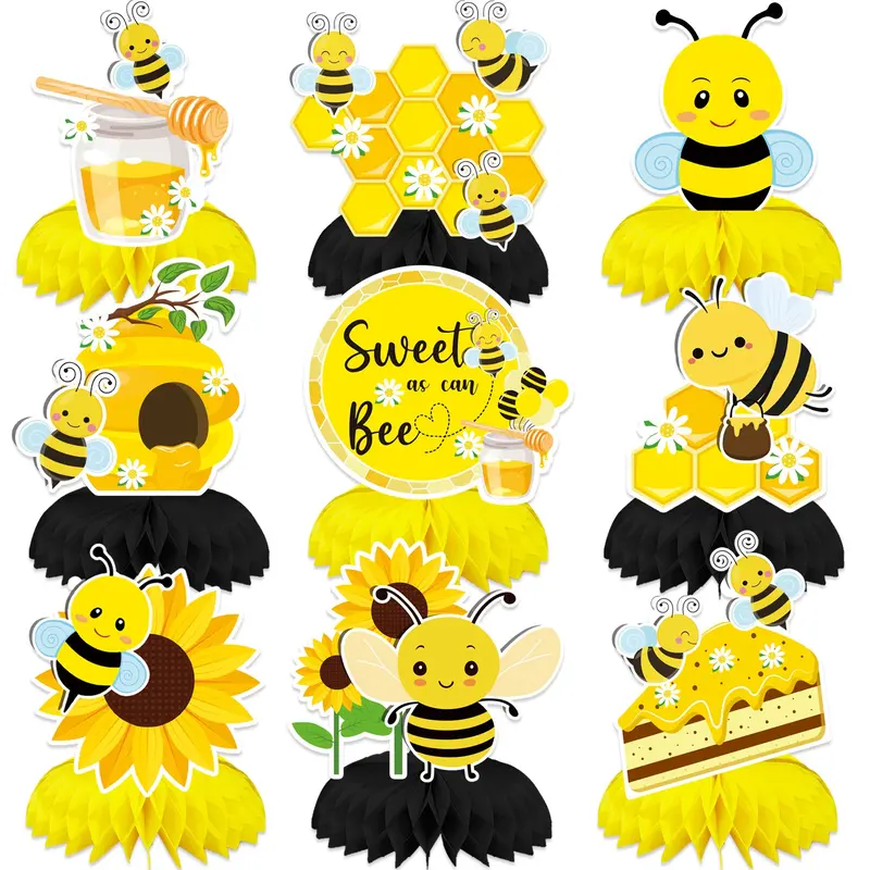 9Pcs Bee Honeycomb Centerpieces, Cute Bumble Bee Themed Table Decorations, 3D Beehive & Sunflower Paper Centerpieces for Baby Shower, Gender Reveal, Happy Bee Day Birthday Party Supplies