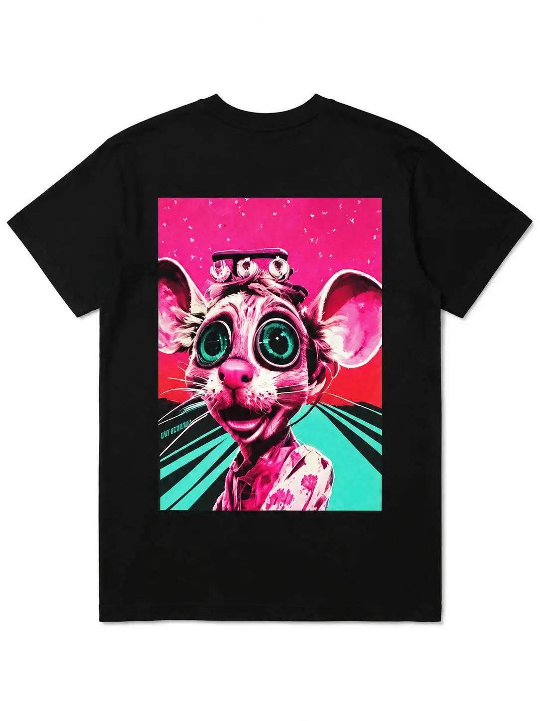 Neon Psychedelic Cartoon Big-Eye Mouse Back Print Oversized Men T-Shirt, Vibrant Graffiti Streetwear Tee, Retro Cyber Y2K Casual Top For Hip Hop Daily Outing, Party & Street Shooting, Black White 2 Color Options Menswear Crewneck