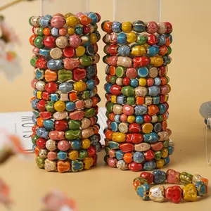 10Pcs Handmade Ceramic Bead Bracelet for Women, Featuring Variations in Shape And Color, with Random Patterns And Color Placements. This Ceramic Bead Bracelet Makes a Creative Gift Suitable for Both Men And Women