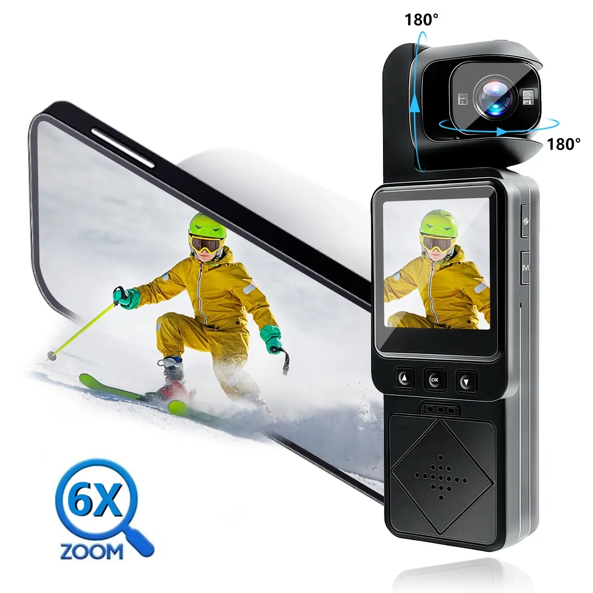 Portable Vlog Body Camera, 6x Digital Zoom Night Vision Sports Camera,WiFi Outdoor Action Camera,Wearable Action Camera,180° Rotation Lens,Handheld Camera for Biking Skiing Fishing,Loop Record