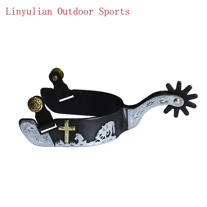 Men's Western Cowboy Spurs, Black Steel with German Silver-Inlaid Praying Cowboy & Cross Plate, 1-Inch Band, 1 Pair Equestrian Trims, Praying Cowboy And Cross