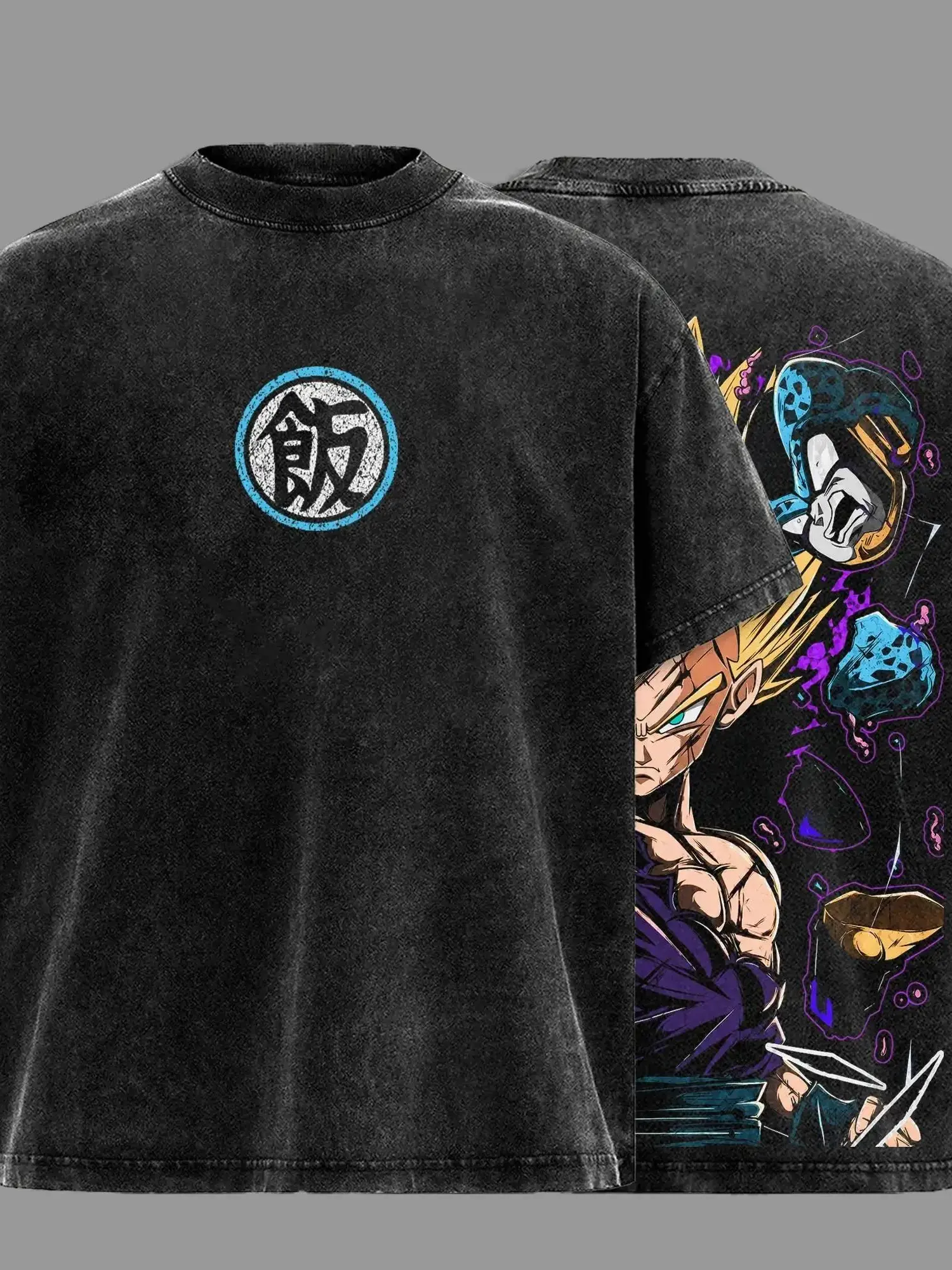 Men's Oversized Vintage Washed DBZ Gohan vs Cell All Over Print Cute Short-Sleeve Casual T-Shirt Tops, Menswear Streetwear Gift for DBZ Manga Anime Fans, Machine Washable
