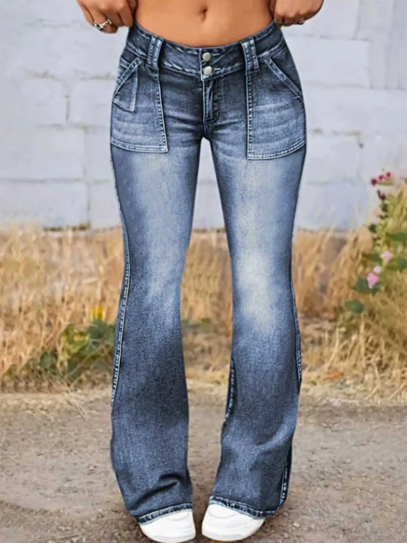 1 All-Season Low Rise Flared Denim Bell Bottoms Jeans Women | Double Button Patch Pocket Washed Denim | Stretchy Elastic Comfortable Casual Fit for Festival Streetwear