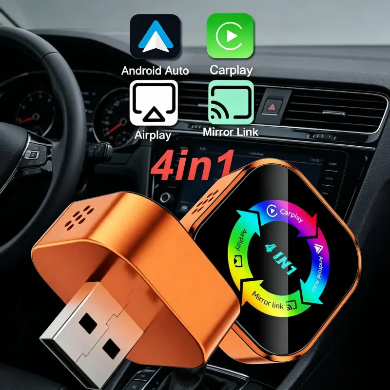 2026 New 4-in-1 CarPlay Wireless Adapter - iPhone/Android Compatible | Fast Connection, Hands-Free Calling, AirPlay, Mirror Link, Netflix, Youtube type-c adapter Bluetooth 5.0 fast transmission, ultra-HD stereo sound, Car Connectivity Adapter