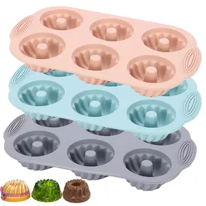 6 Pcs Silicone Heritage Fluted Tube Molds – 6 Cavity Non-Stick Baking Pans for Jello, Mini Bundt Cakes, Puddings – Assorted Colors (Pink, Blue, Gray) – Dishwasher Safe