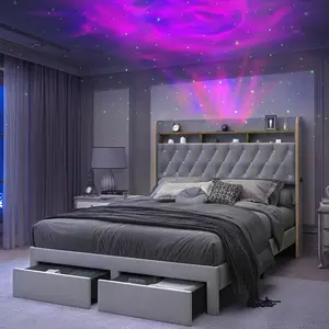 Queen LED Bed Frame with Storage Drawers Upholstered Platform Bed Galaxy Star Projector Charging Station Speaker Aurora Bedframe 2-Tier Storage Headboard Noise-Free PU Leather Velvet Funky Bedroom Furniture