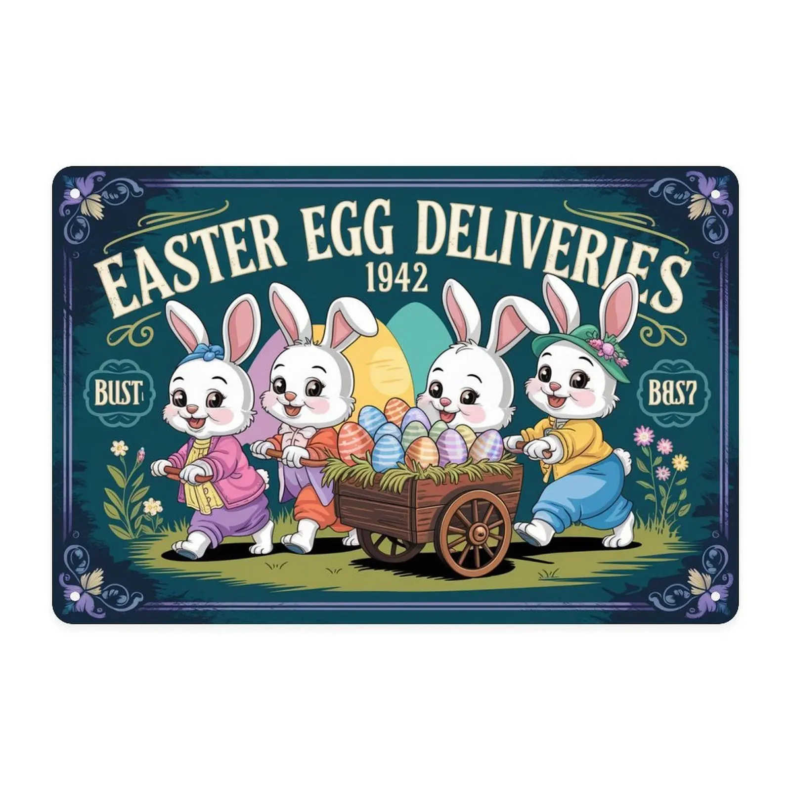 Easter Bunny Egg Delivery 1942 Tin Sign， Vintage Easter Bunnies Metal Sign Print Aesthetic Room Decoration for Home Bedroom Kitchen Dorm Bathroom Wall Decor 8 X 12in
