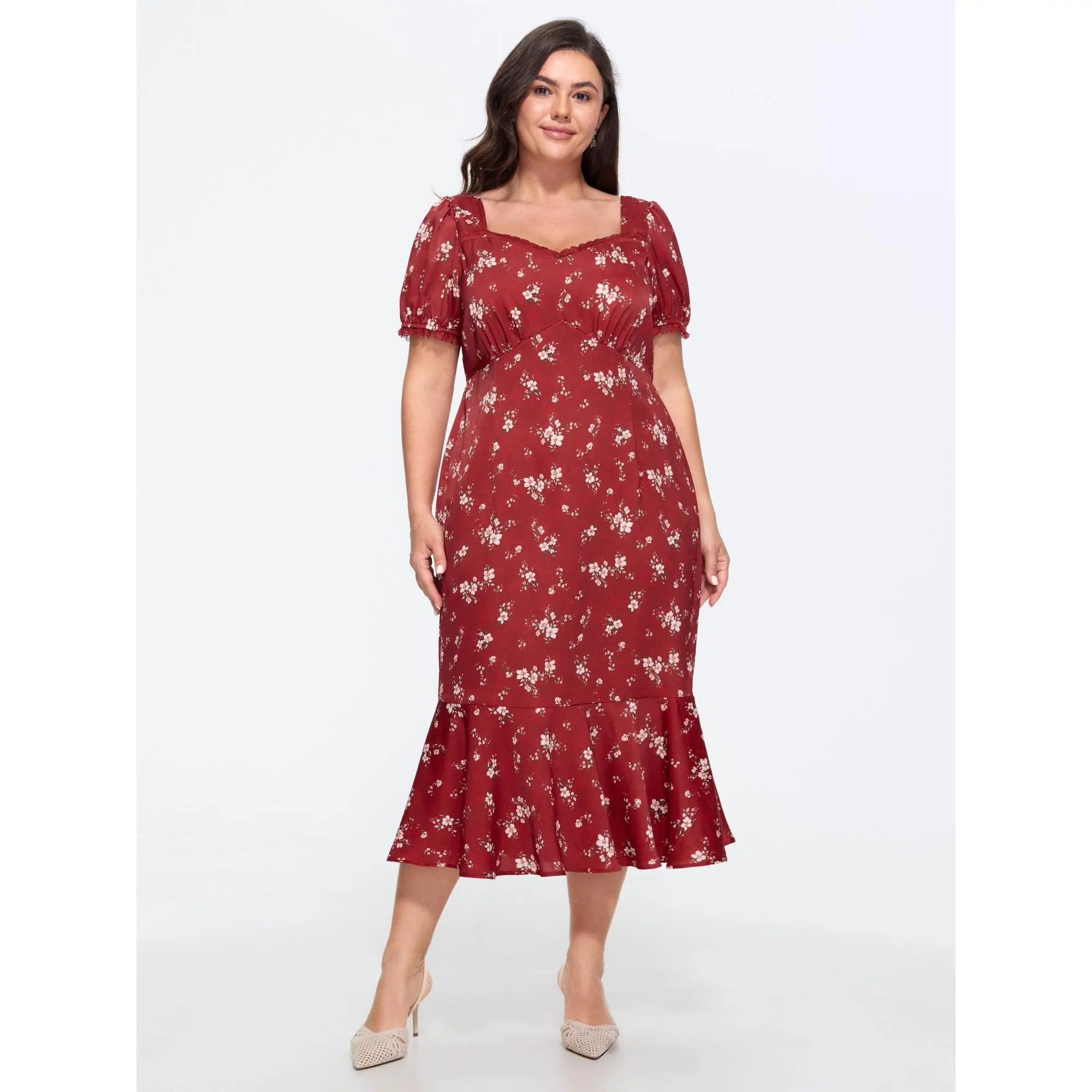 BloomChic Women's Plus Size Polyester Smooth Fabric Floral Print Shirred Short Sleeve Ruffled Midi Dress 2026 [M-6X] - Summer Casual Wear Garment, Shortsleeve, Fit, Pocket, Curvy Dresses Plus Size