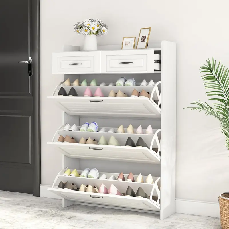 Spaco White Freestanding Shoe Rack Organizer - MDF Wood Narrow Vertical Adjustable Stand, Modern Rectangular Multi-Level Rotating Cabinet with 3 Flip & 2 Sliding Drawers, Multi-Purpose White Drawer & Shelf Closet Entryway Storage