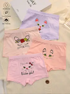 Girls' Soft Fabric Briefs Set, 4-Piece Pack with Cat Face Design, Comfortable Underwear for Kids, Perfect Fit for Daily Wear, Casual Soft Panties