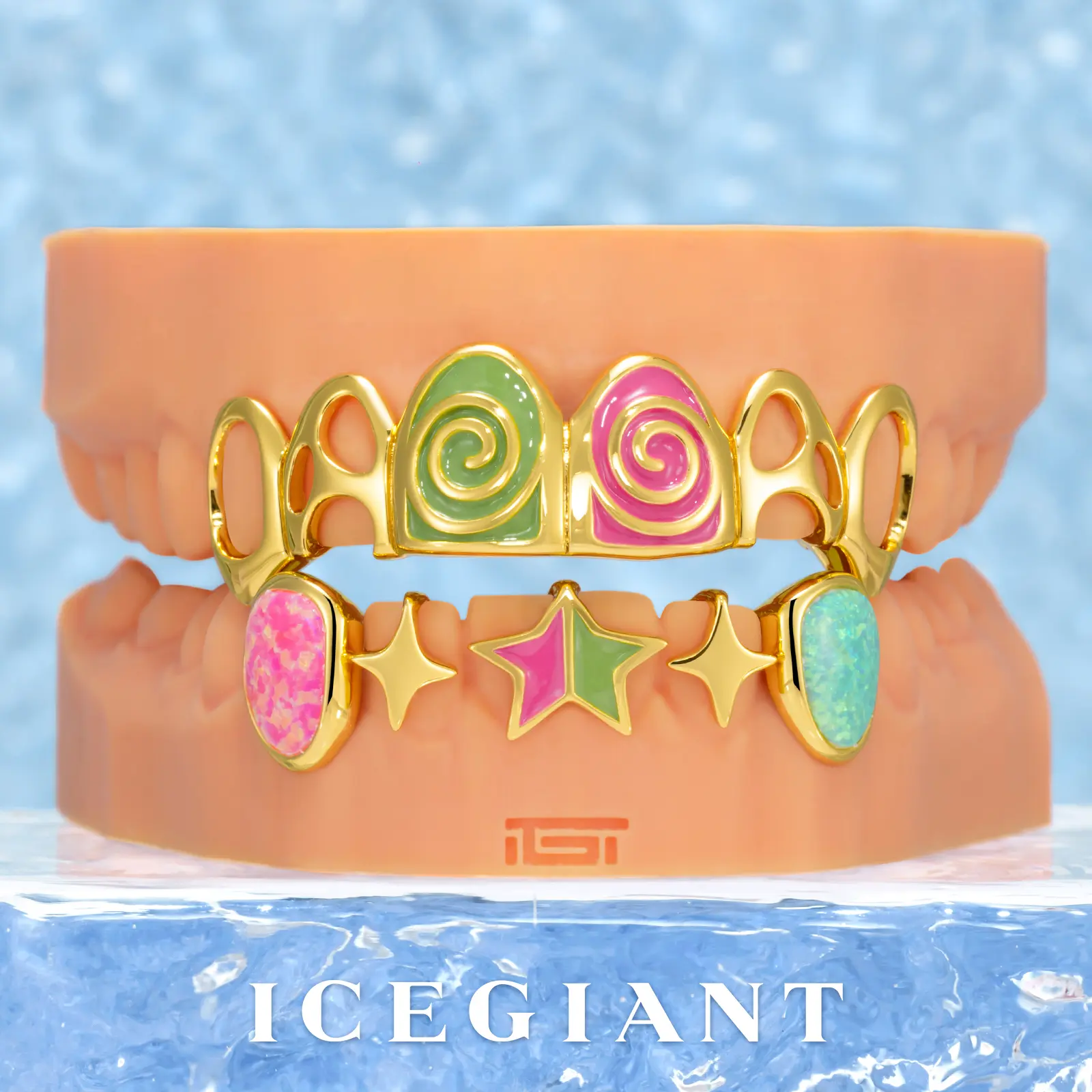 Pink & Green Enamel Swirl Grillz, Custom Fit Artificial Gemstone Jewelry Accessory, Bold Colors, Enamel Accents, Swirled Opals, Statement Wear