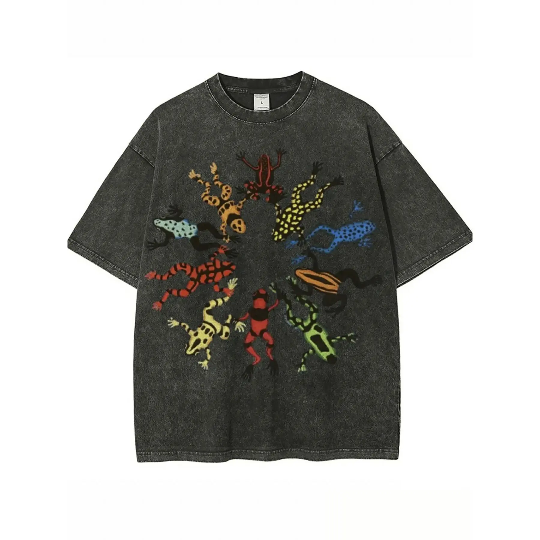 Washed, Dancing Frog Feast Print T-shirt, High-quality Batik Vintage Fashion Brand T-shirt, Unisex T-shirt, Popular Daily Wear T-shirt, Holiday Gift, Perfect Present