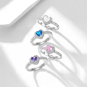 JEYFULL Women's 7mm Heart Shaped Zirconia Ring Trendy Promise Jewelry Gift in Blue Pink Purple Silver Options for Her Sparkling Elegance