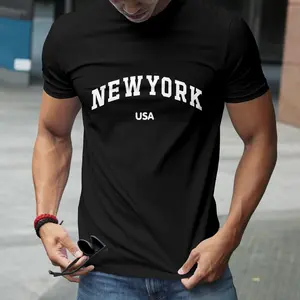 Men's Classic New York USA Print T-Shirt - Casual Black Cotton Tee with Crew Neck, Short Sleeves