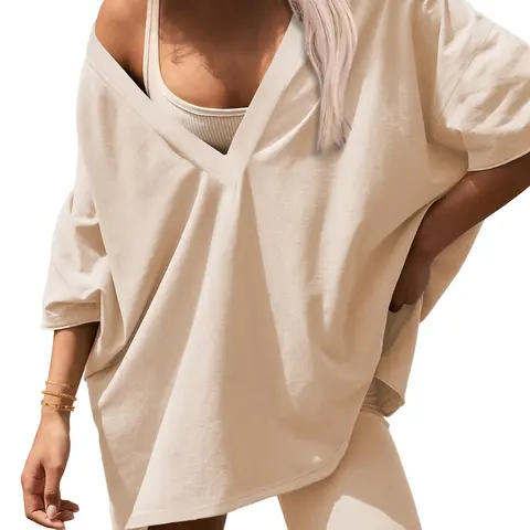 Ekouaer Women's Top 2-Piece Oversized Reversible Deep V-Neck T-Shirt & High Waist Above-the-Knee Bodycon Biker Shorts Set - Breathable Soft Fabric Sporty Loungewear, Nightwear for Summer Athleisure, Party